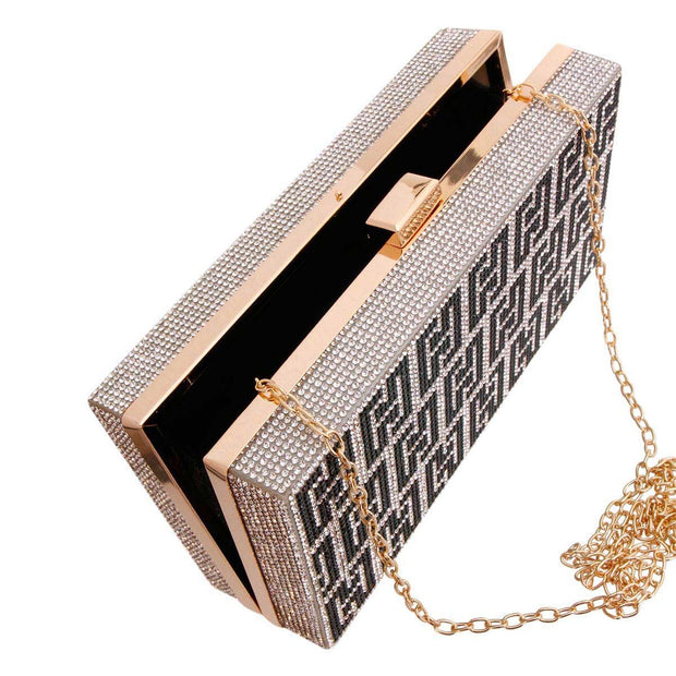 Silver and Black Greek Key Hardcase Clutch