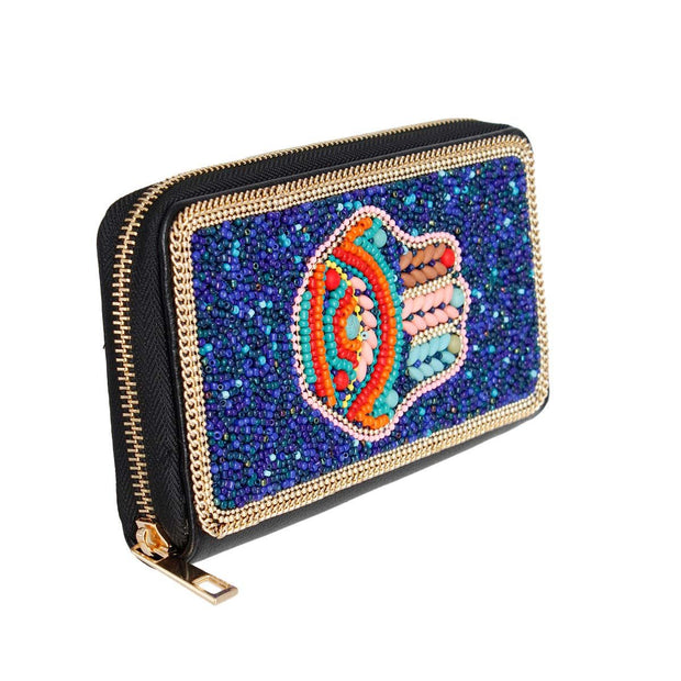 Blue Hamsa Beaded Wallet