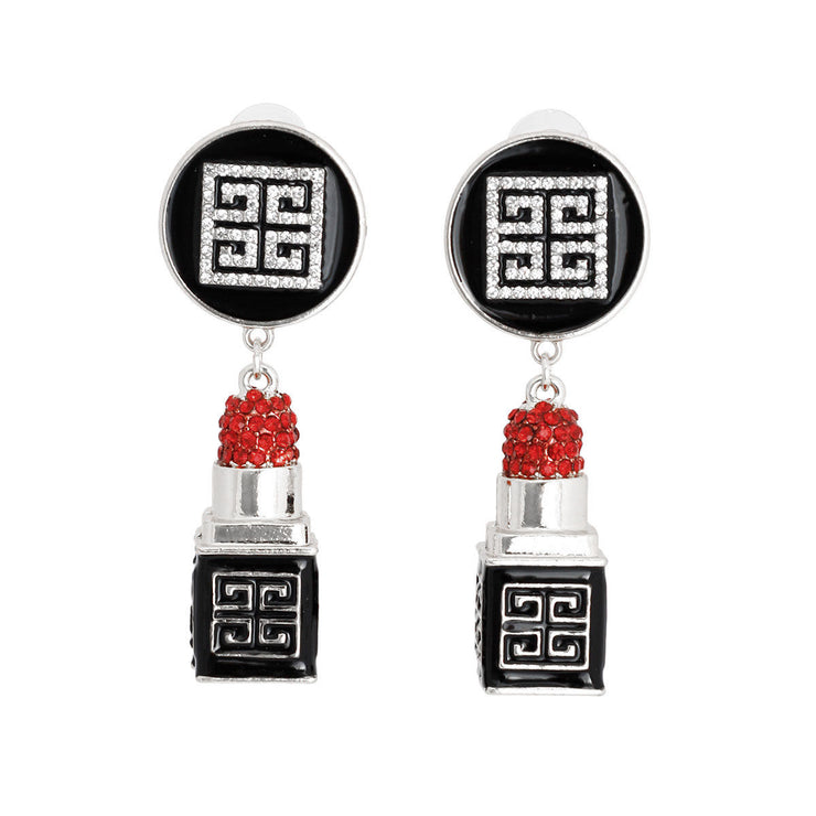 Silver Greek Key 3D Lipstick Charm Earrings