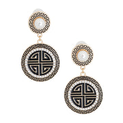 Gold Black Round Greek Key Charm Earrings