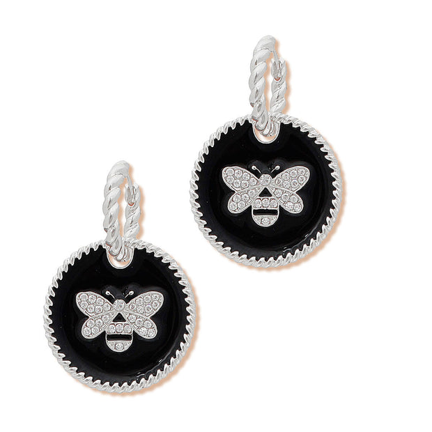 Black Bee Charm Twisted Silver Hoops