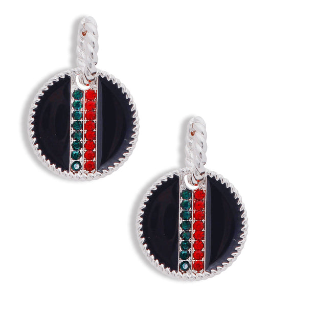 Black Stripe Charm Twisted Silver Hoops