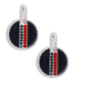 Black Stripe Charm Twisted Silver Hoops