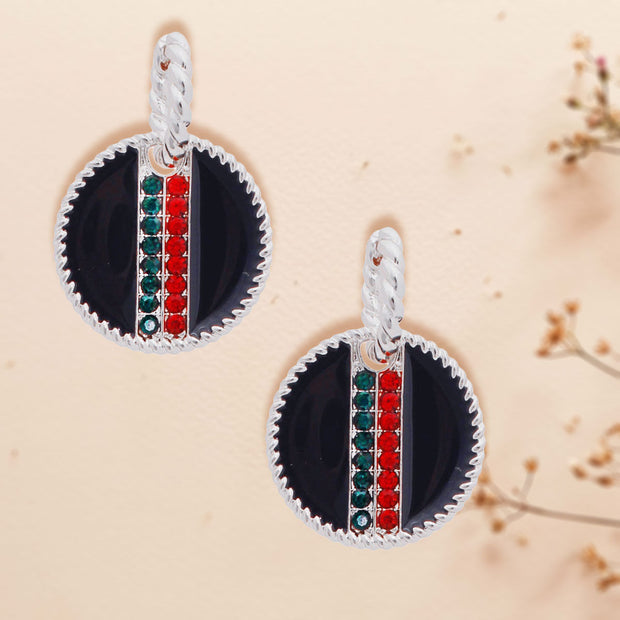 Black Stripe Charm Twisted Silver Hoops