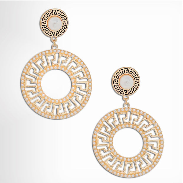 Elegance Redefined: Gold Pearl Greek Key Earrings