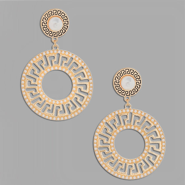 Elegance Redefined: Gold Pearl Greek Key Earrings