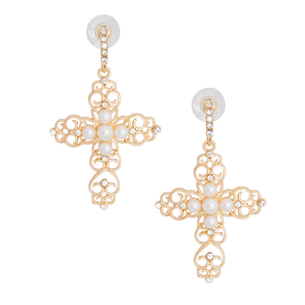 Cream Filigree Cross Earrings