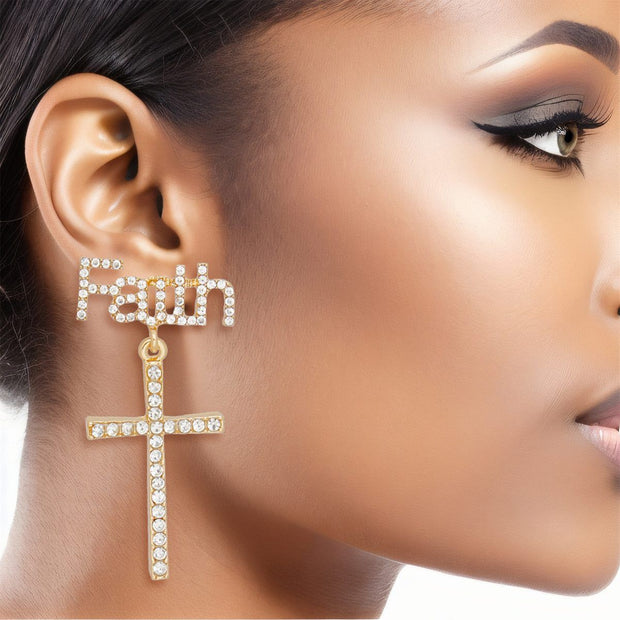 Drop Gold Faith and Cross Earrings for Women