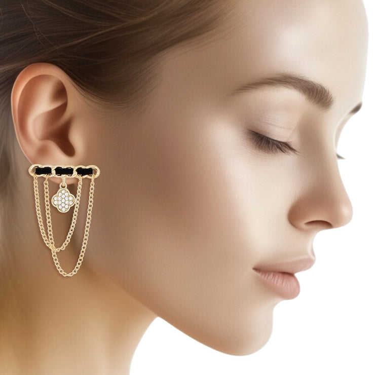 Studs Gold Woven Drape Chain Clover Earrings