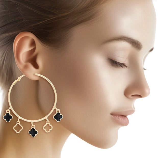 Hoops Gold Black Clover Dangle Charms Earrings