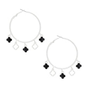 Hoops Silver Black Clover Dangle Charms Earrings