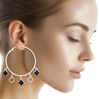 Hoops Silver Black Clover Dangle Charms Earrings