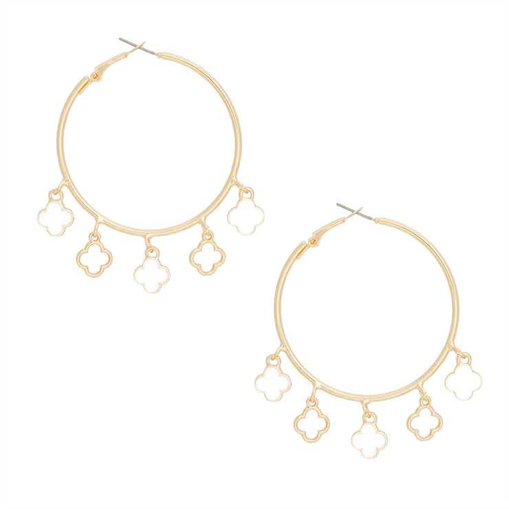 Hoops Gold White Clover Dangle Charms Earrings