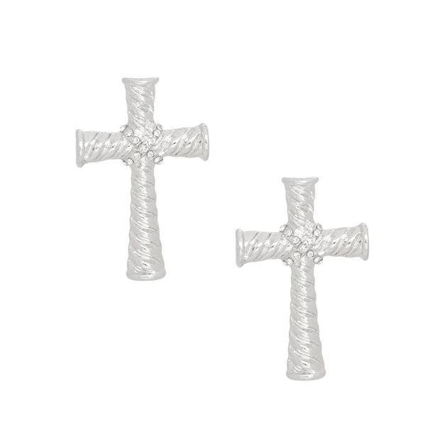 Stud Silver Cross Ridged Texture Earrings Women