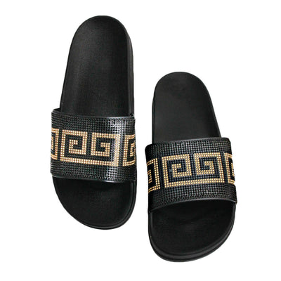 Black and Gold Size 10 Designer Black Slides