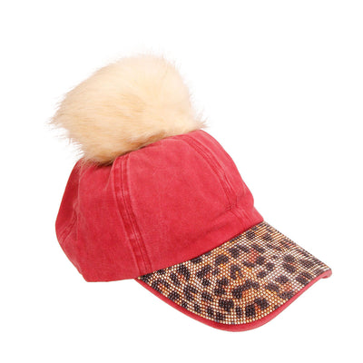 Burgundy Leopard Rhinestone Pom Cap