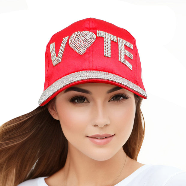 Hat Red Satin VOTE Rhinestone Baseball Cap Women