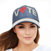 Hat Navy Leather VOTE Rhinestone Baseball Cap