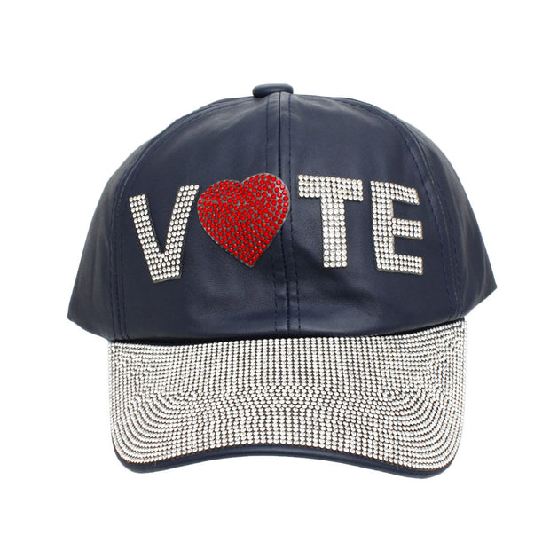 Hat Navy Leather VOTE Rhinestone Baseball Cap