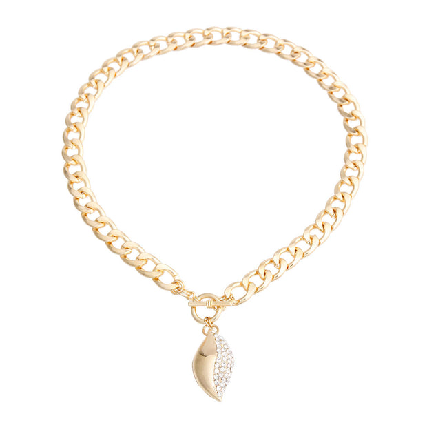 Gold Curved Oval Pave Charm Necklace