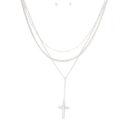 Silver Triple Chain Cross Set