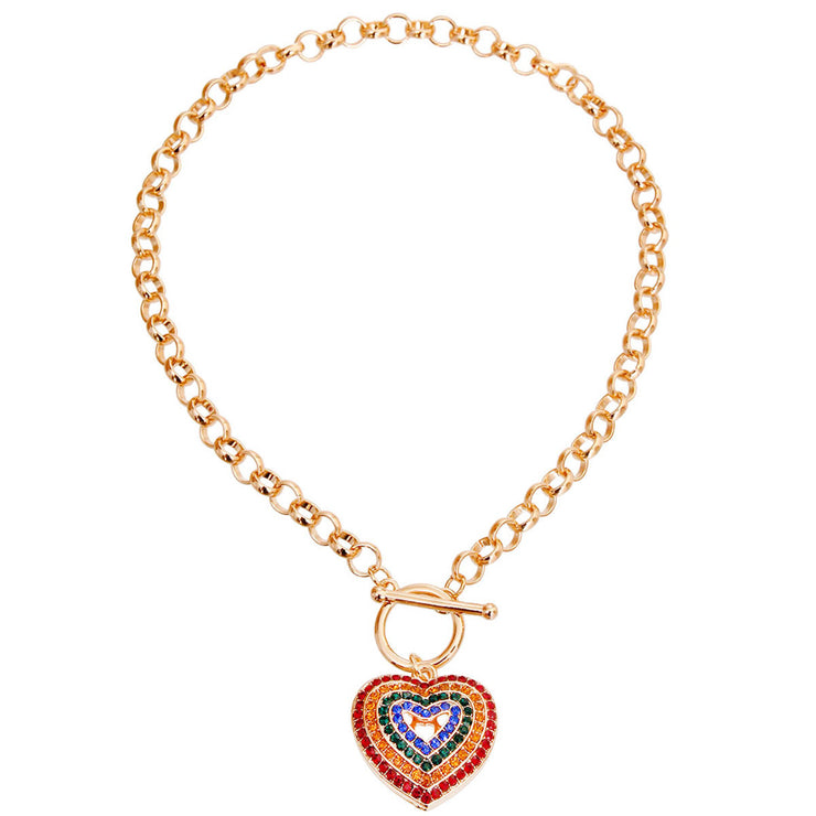 Round Link Multi Color Heart Toggle Necklace