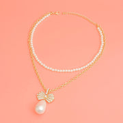 Double Layer Pearl Bow Gold Necklace