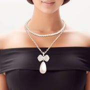 Double Layer Pearl Bow Silver Necklace