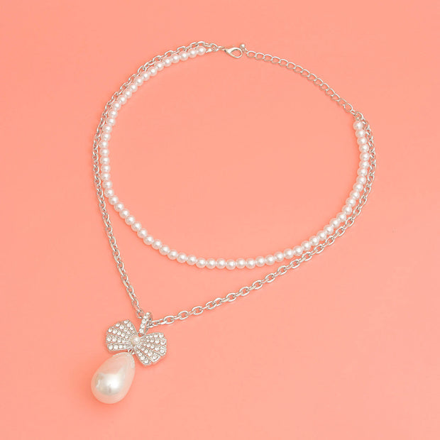 Double Layer Pearl Bow Silver Necklace