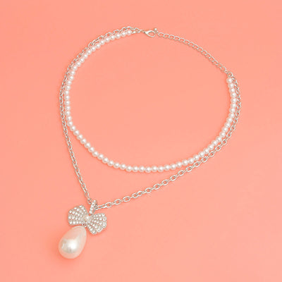 Double Layer Pearl Bow Silver Necklace