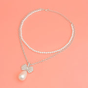 Double Layer Pearl Bow Silver Necklace