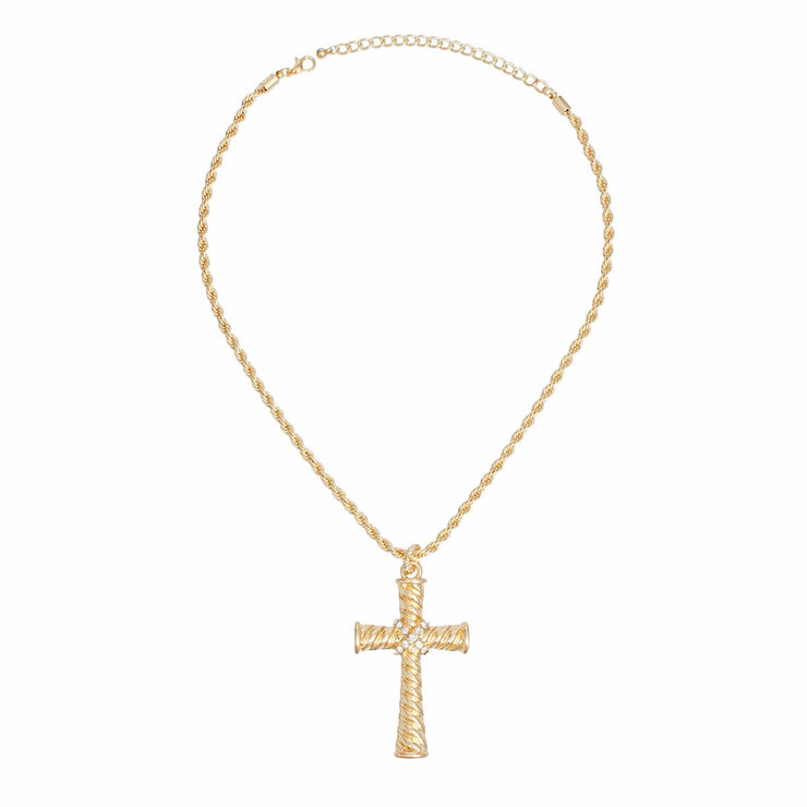 Necklace Gold Rope Chain Ridged Cross for Women