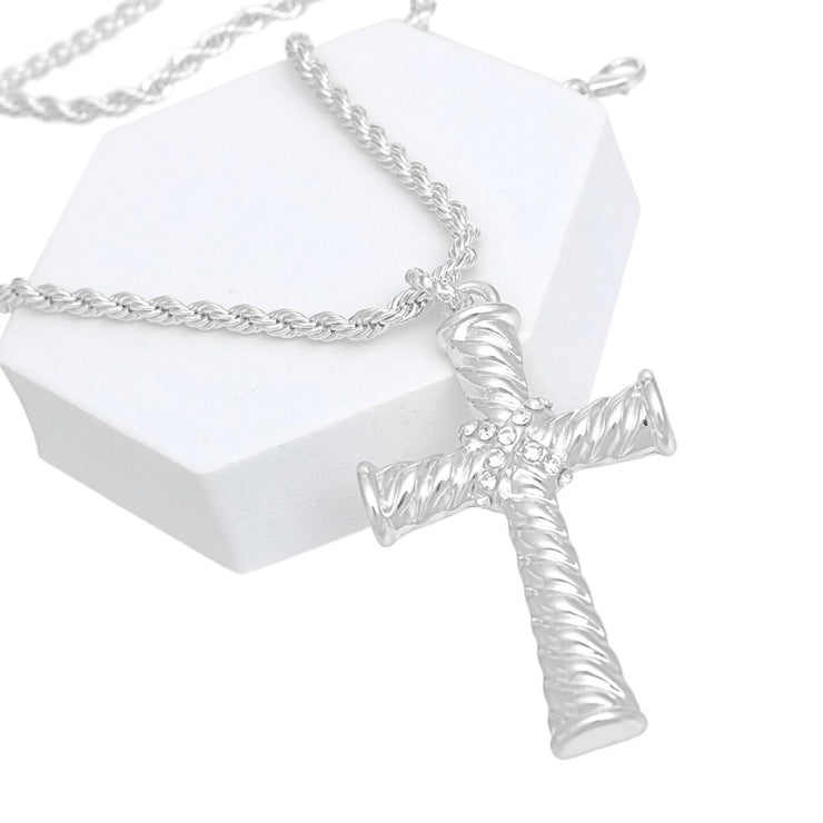 Necklace Silver Rope Chain Ridged Cross for Women