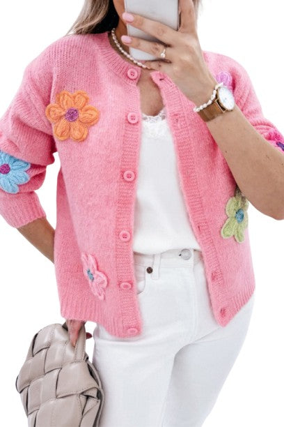 Pink Cute Knitted Floral Pattern Button Up Cardigan