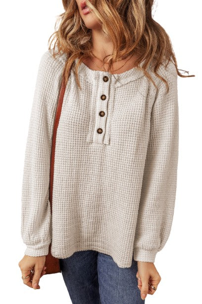 Oatmeal Waffle Knit Buttoned Front Raglan Sleeve Loose Blouse