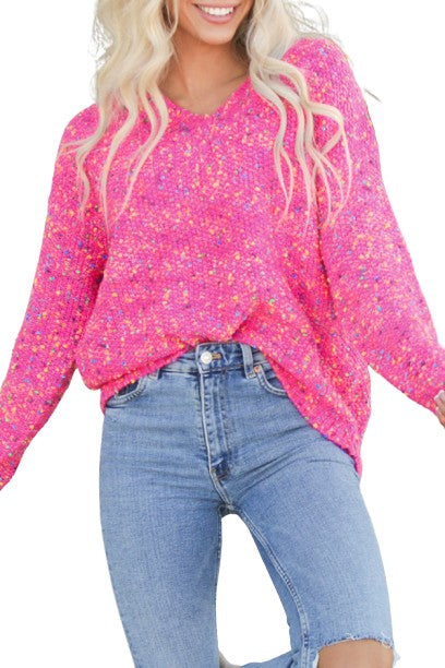 Dark Pink Colorful Spots Knitted V Neck Casual Sweater