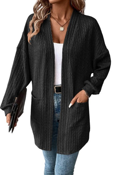 Black Textured Knit Side Pockets Open Front Cardigan