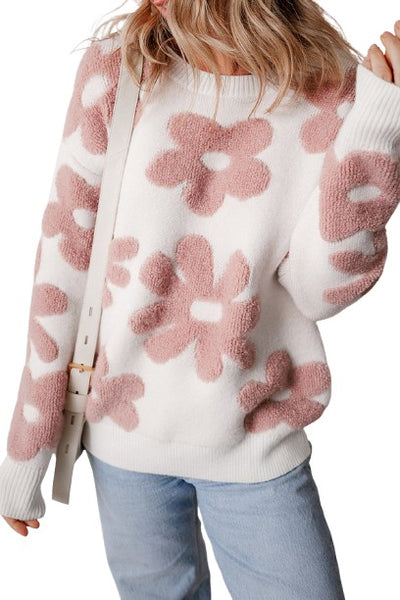 White Textured Flower Drop Shoulder Loose Sweater