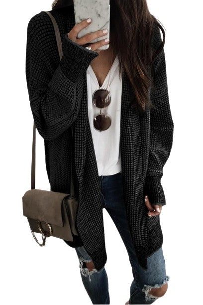 Black Plaid Knitted Long Open Front Cardigan