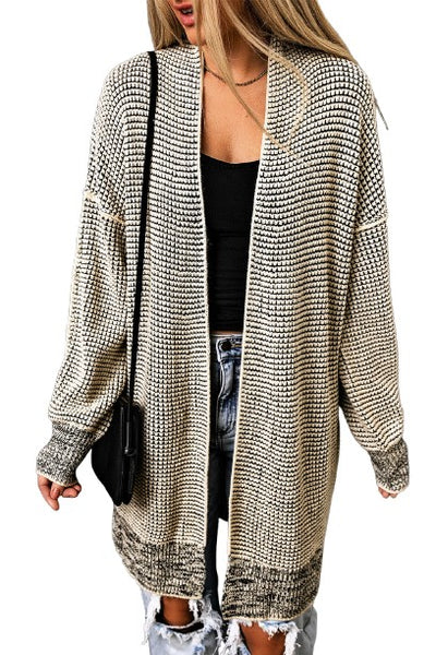 Apricot Plaid Knitted Long Open Front Cardigan