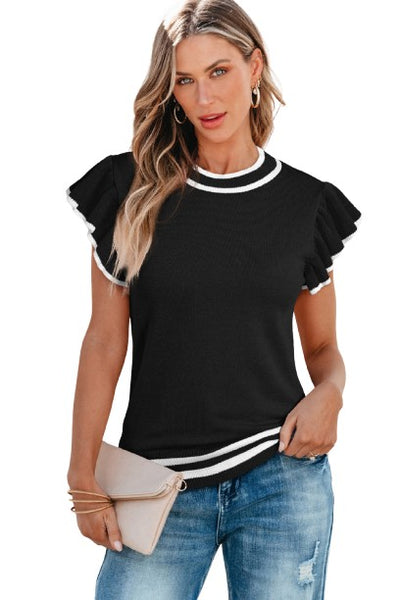 Black Edge Piping Ruffled Sleeve Round Neck Knit T Shirt