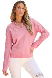 Peach Blossom Flower Detail Knitted Notched Neck Sweater