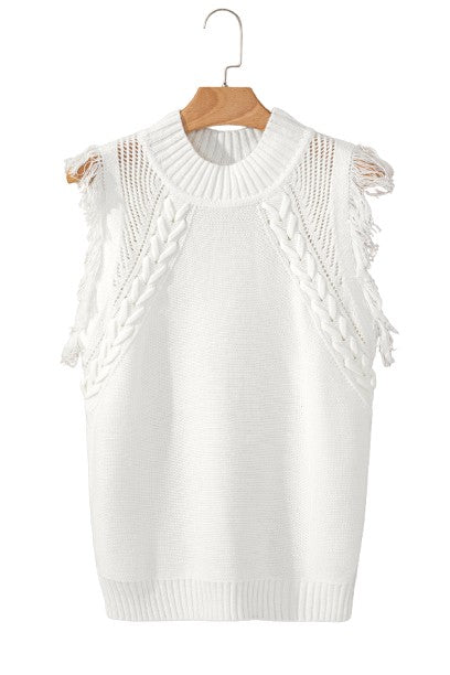 White Woven Tasseled Sleeveless Mock Neck Sweater Vest