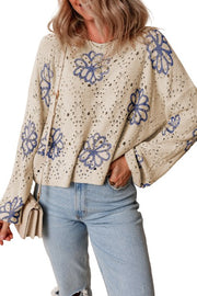 Beige Contrast Flower Print Eyelet Drop Shoulder Sweater