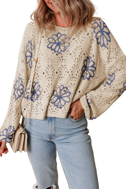 Beige Contrast Flower Print Eyelet Drop Shoulder Sweater