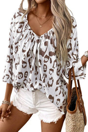 Khaki Leopard Print Ruched V Neck 3/4 Sleeve Blouse