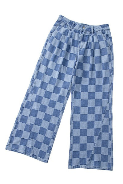 Dusk Blue Checkered Denim Wide Leg Jeans