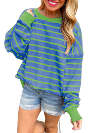 Sky Blue Stripe Trimmed Round Neck Drop Shoulder Loose Sweater