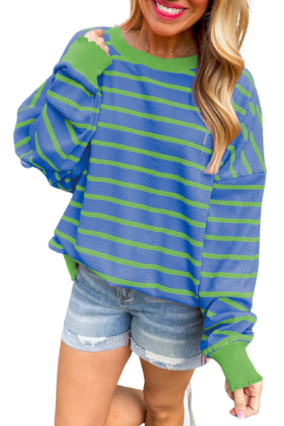 Sky Blue Stripe Trimmed Round Neck Drop Shoulder Loose Sweater