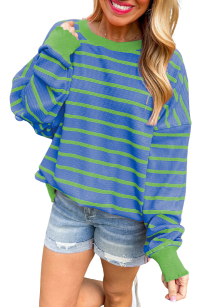 Sky Blue Stripe Trimmed Round Neck Drop Shoulder Loose Sweater